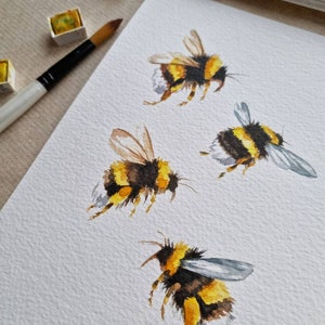 Four Bees hand painted watercolour painting, home decor, gift image 3