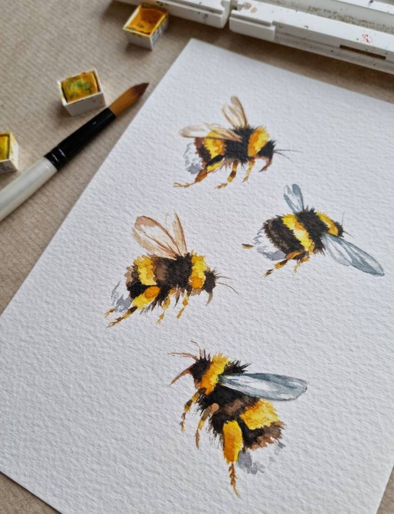Four Bees hand painted watercolour painting, home decor, gift image 3