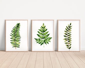 Set of 3 hand painted green botanical fern paintings GIFT home decor cottage style