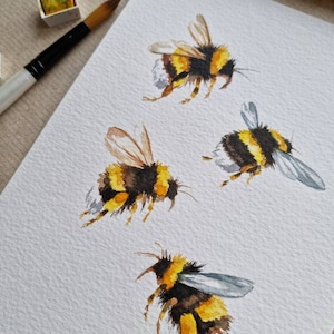 Four Bees hand painted watercolour painting, home decor, gift image 4