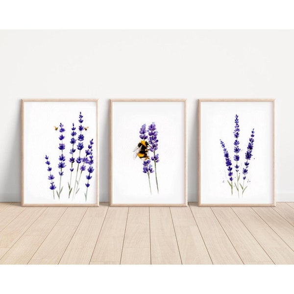 Set of 3 hand painted bee and lavender paintings GIFT home decor cottage style