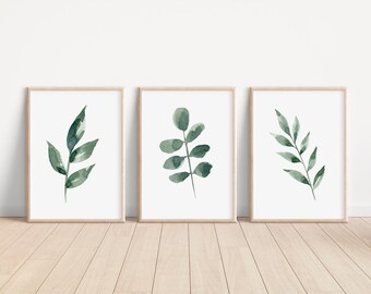 Set of 3 hand painted green botanical leaves  paintings GIFT home decor cottage style