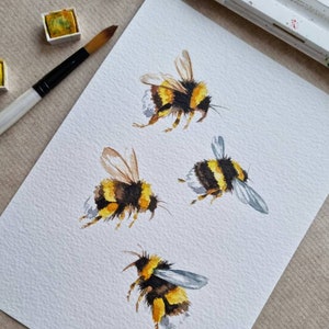 Four Bees hand painted watercolour painting, home decor, gift image 1