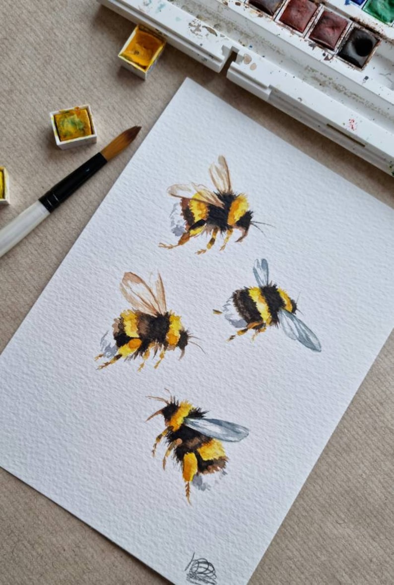 Four Bees hand painted watercolour painting, home decor, gift image 1