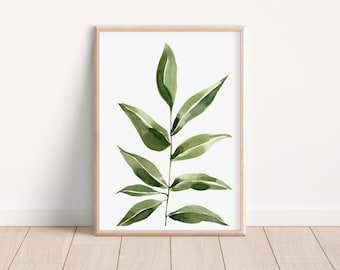 Green botanical leaves hand painted watercolour painting, home decor, gift