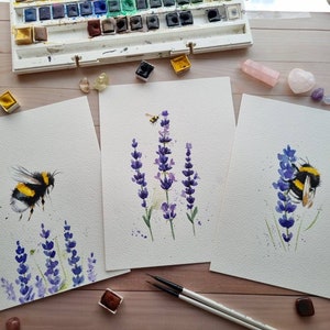 SALE Set of 3 bee and lavender hand painted watercolour paintings, home decor