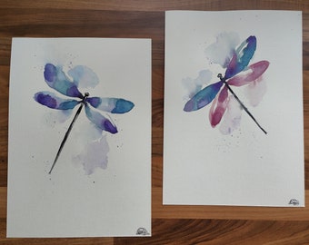 Dragonflys Set of 2 hand painted watercolour paintings GIFT COTTAGE STYLE