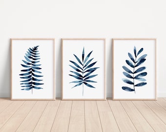 Set of 3 hand painted blue botanical paintings GIFT home decor cottage style