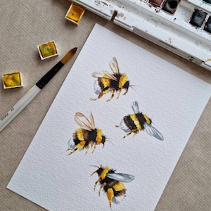 Four Bees hand painted watercolour painting, home decor, gift image 2