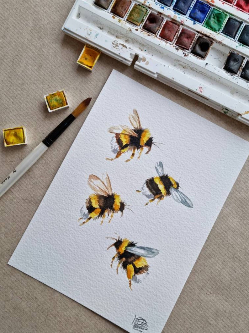 Four Bees hand painted watercolour painting, home decor, gift image 2