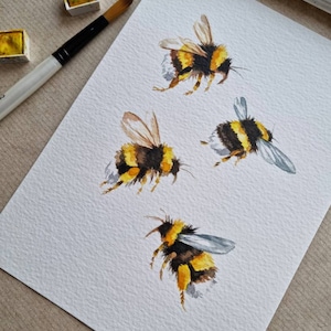 Four Bees hand painted watercolour painting, home decor, gift image 5