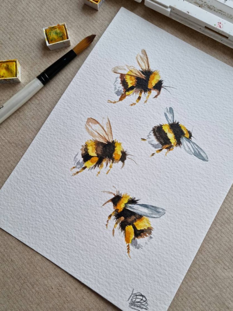 Four Bees hand painted watercolour painting, home decor, gift image 5