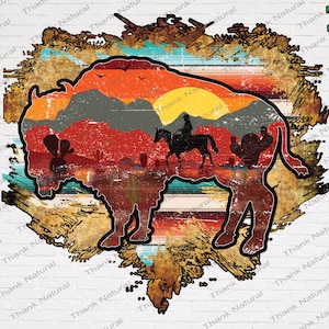 Wilder Westen Bison rustikaler Hintergrund, Sublimationsdesigns Download, Wüste, Kaktus, Western, Punchy, Design für Hemd, Retro, Vintage Sunset