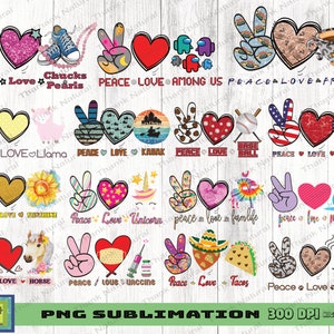 Könnte beinhalten: Ein Set mit 16 digitalen Sublimationsdesigns mit einem Peace-Zeichen, einem Herzen und verschiedenen Textphrasen. Die Designs sind perfekt für die Erstellung von T-Shirts, Tassen, Tragetaschen und anderen personalisierten Artikeln.