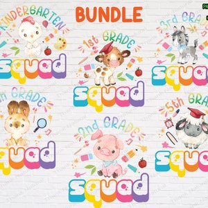 Bundle Cute Animal Farm Squad Back to School PNG, Sublimation Design, Kindergarten, 1st, 2nd, 3rd, 4th, 5th Grade Squad, First Day of School
