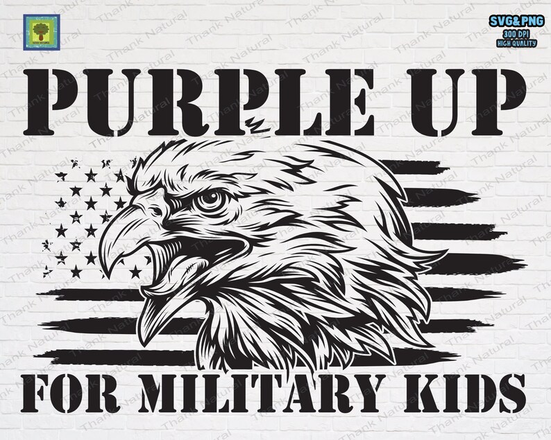 Puede incluir: Ilustraci&oacute;n en blanco y negro de un &aacute;guila con una bandera estadounidense de fondo. El texto "Purple Up For Military Kids" est&aacute; escrito debajo del &aacute;guila.