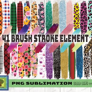 Könnte beinhalten: 41 digitale Pinselstrich-Elemente im PNG-Format, perfekt für Sublimations-Projekte. Die Elemente zeigen eine Vielzahl von Mustern, darunter Karos, Blumen, Glitzer und Tiermuster. Der Bildtext lautet "41 Brush Stroke Element" und "PNG Sublimation 300 DPI High Quality".
