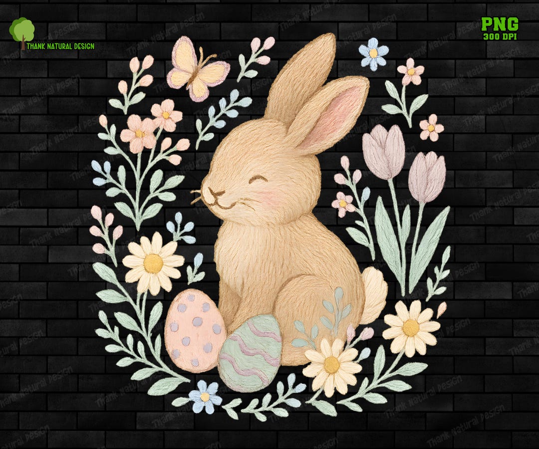 Floral Embroidery Bunny PNG, Sublimation Design, Happy Easter ...