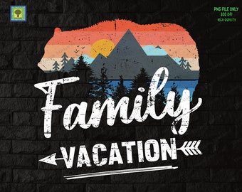 May include: A white graphic with the text "Family Vacation" in a distressed font. The text is surrounded by a silhouette of a bear with a mountain and lake scene in a retro color palette.