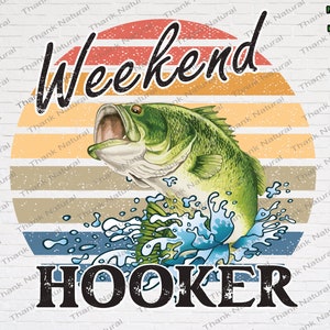 May include: A retro-style graphic design featuring a green bass fish jumping out of the water. The fish is surrounded by blue water splashes. The text "Weekend Hooker" is written in black letters below the fish. The background is a sunset with orange, yellow, and red stripes.