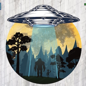 Bigfoot Alien Abduction png, Sublimation Design, UFO clipart, Bigfoot and alien under the moon, UFO Abduction, Digital Download, Yeti png