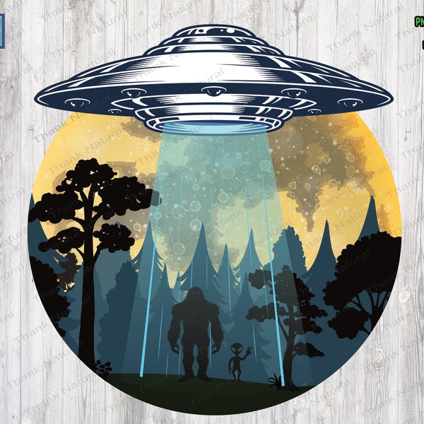 Bigfoot Alien Abduction png, Sublimation Design, UFO clipart, Bigfoot and alien under the moon, UFO Abduction, Digital Download, Yeti png