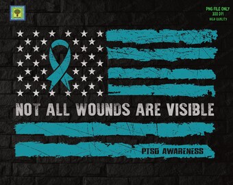 No todas las heridas son visibles Mes de concientización sobre el PTSD Png, diseño de sublimación, veterano de concientización sobre el PTSD de la bandera de EE. UU., angustia de la bandera estadounidense
