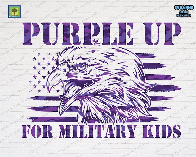 Puede incluir: Dise&ntilde;o de camuflaje morado con una cabeza de &aacute;guila y el texto "Purple Up For Military Kids".