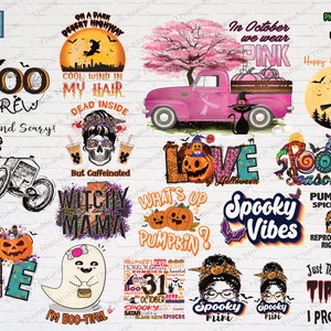 18 Bundle Halloween PNG, Unique Halloween Design for T-shirt, Pumpkin, Ghost, Spooky Mama, Spooky Mini, In October We wear pink black cat