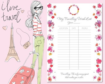 Travelling Wish List SILVER - Flower Todo List - To Do List for Travel - Travel Planner | INSTANT DOWNLOAD!