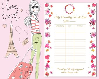 Travelling Wish List GOLD - Flower Todo List - To Do List for Travel - Travel Planner | INSTANT DOWNLOAD!