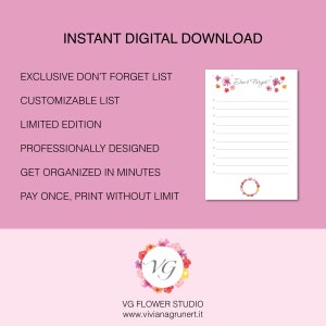 Don't Forget List Flower Todo List Wish List Shopping Organizer Shopping Planner DOWNLOAD ISTANTANEO immagine 5