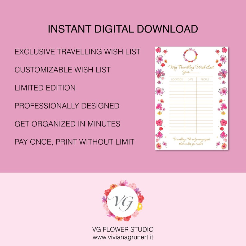 Travelling Wish List GOLD Flower Todo List To Do List for Travel Agenda Viaggi Travel Planner DOWNLOAD ISTANTANEO immagine 5