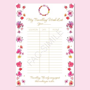 Travelling Wish List GOLD Flower Todo List To Do List for Travel Agenda Viaggi Travel Planner DOWNLOAD ISTANTANEO immagine 2