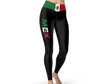 Mexico Flag Black Leggings Cut & Sewn with Mexican Flag Waistband