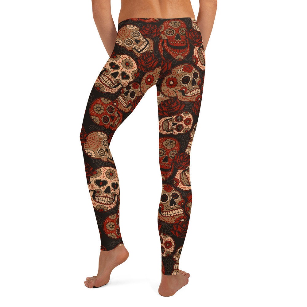 Dark Red Sugar Skull Leggings for Women 