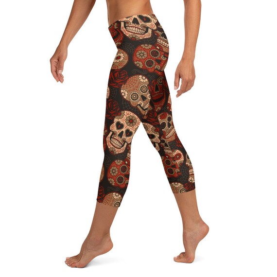 Dark Red Sugar Skull Leggings for Women 