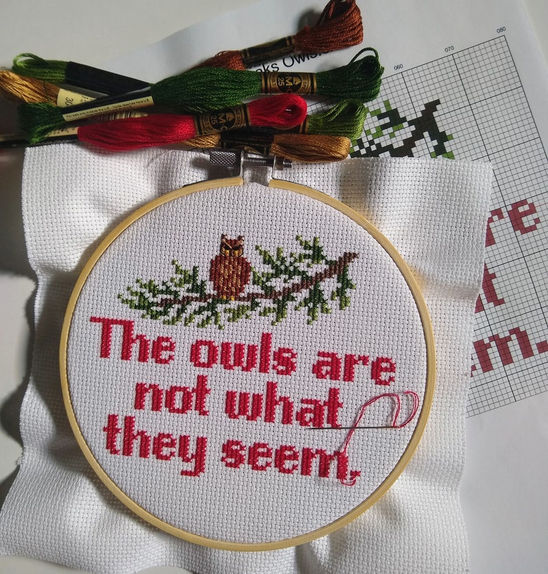 Twin Peaks Cross Stitch Kit The Owls are not What they Seem DIY 90s home decor
