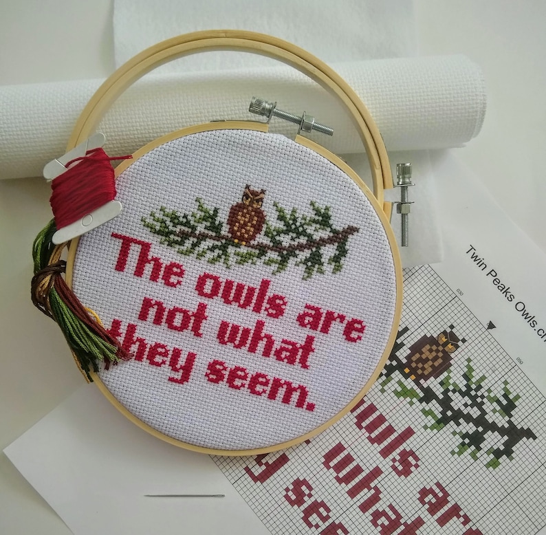 Twin Peaks Cross Stitch Kit The Owls are not What they Seem DIY 90s home decor