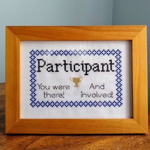 Funny cross stitch pattern PDF, Participation certificate, trophy