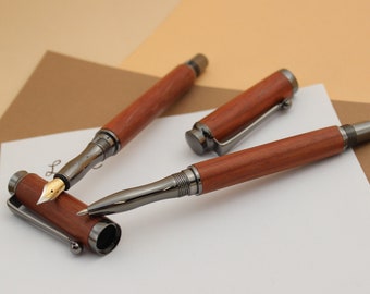 Handmade precious wood fountain pen and rollerball set, hand-turned fountain pen made of Padouk