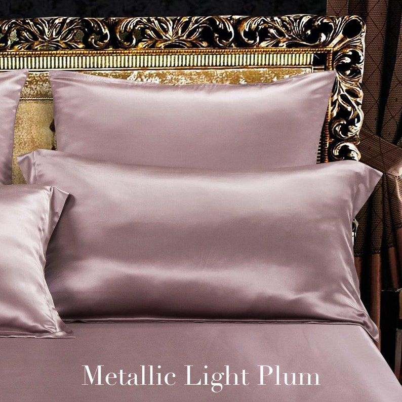 Taie d'oreiller 100 % soie garantie à vie 19 momme Standard/Grand lit/Très grand lit Service de broderie/Personnalisation/Made in USA Metallic Light Plum