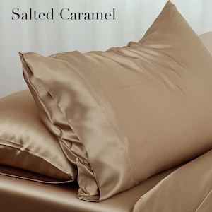 Taie d'oreiller 100 % soie garantie à vie 19 momme Standard/Grand lit/Très grand lit Service de broderie/Personnalisation/Made in USA Salted Caramel