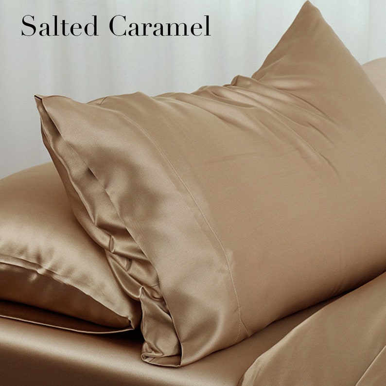 Taie d'oreiller 100 % soie garantie à vie 19 momme Standard/Grand lit/Très grand lit Service de broderie/Personnalisation/Made in USA Salted Caramel