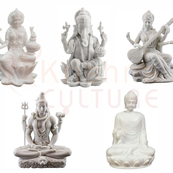 Laxmi Ganesh Saraswati Hanuman Shiv Idol-Height-3 Inches-Resin-Marble White Finish-Set Of 5 Hindu God and Goddess-Prosperity-Wisdom-Health