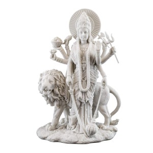 New Standing Durga Idol with Lion,Height-12 Inches,God Idols/Statue/Figuirnes,Material-Resin & Marble,Made in India-Marble White