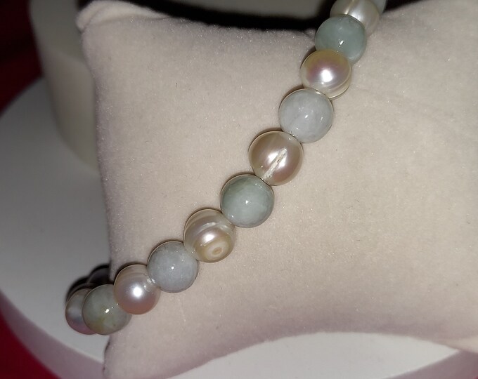 Pearl and jadeite sterling silver bracelet