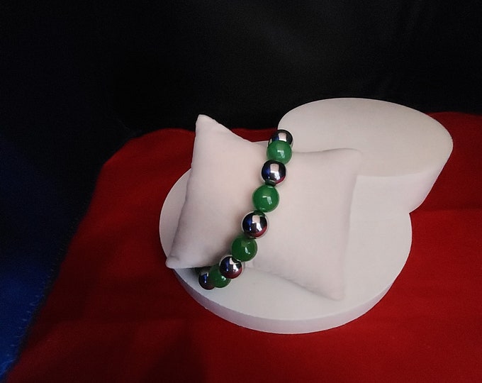 Green Jade and Silver haematite stretch bracelet