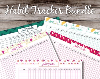 May include: Four printable habit tracker sheets with different colorful patterns. Each sheet has a title "Habit Tracker" and a grid with numbers 1-31 for days of the month.