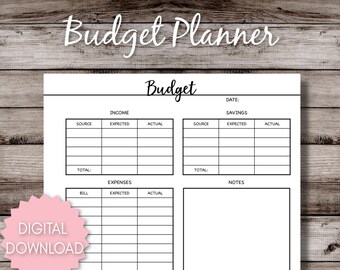 May include: A printable budget planner with sections for income, savings, expenses, and notes. The planner has a simple black and white design with grid lines for easy tracking.